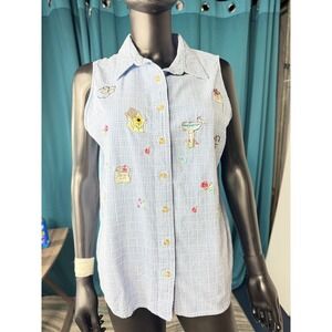 Basic Editions Women's Gingham Sleeveless Button Down Top‎ with Embroidery L